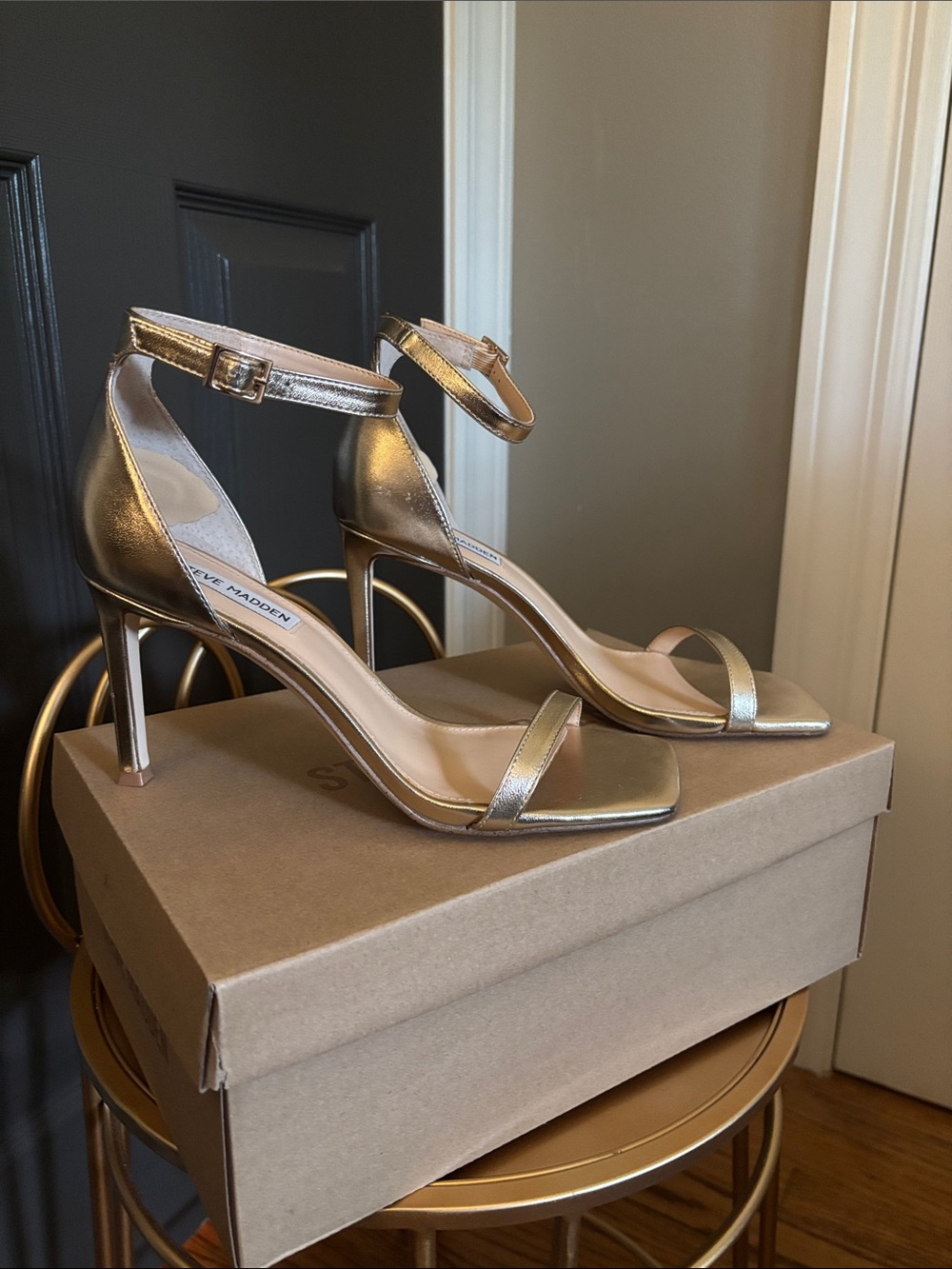 Steve Madden Metallic Gold Ankle-Strap Stilettos